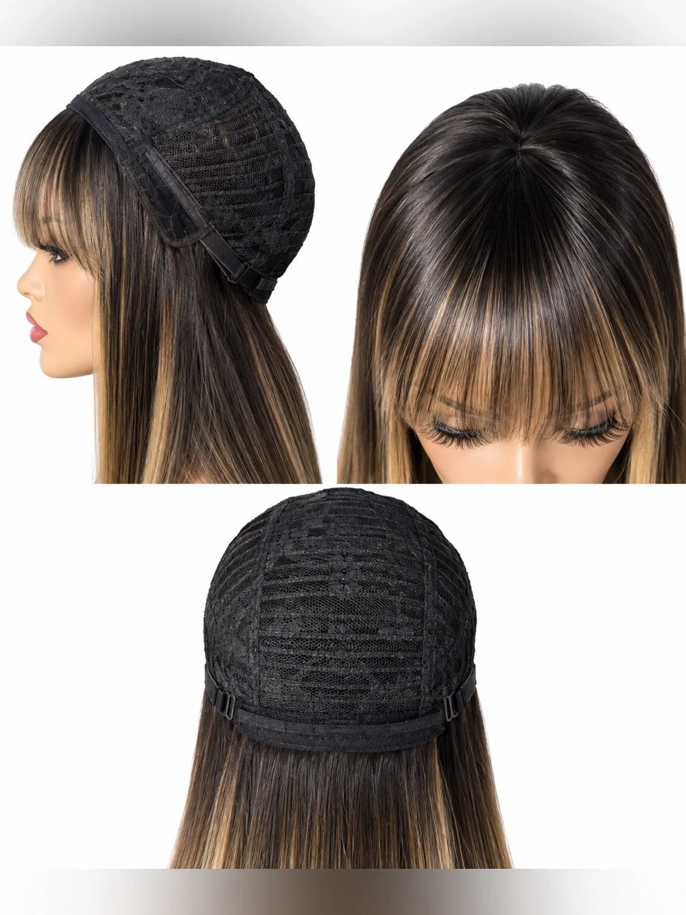 Long Straight Blonde Highlighted Wig with Blunt Fringe